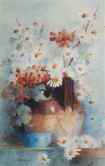 Still Life with Brown Jug, Berries and Daisies - Isabel Jane Field