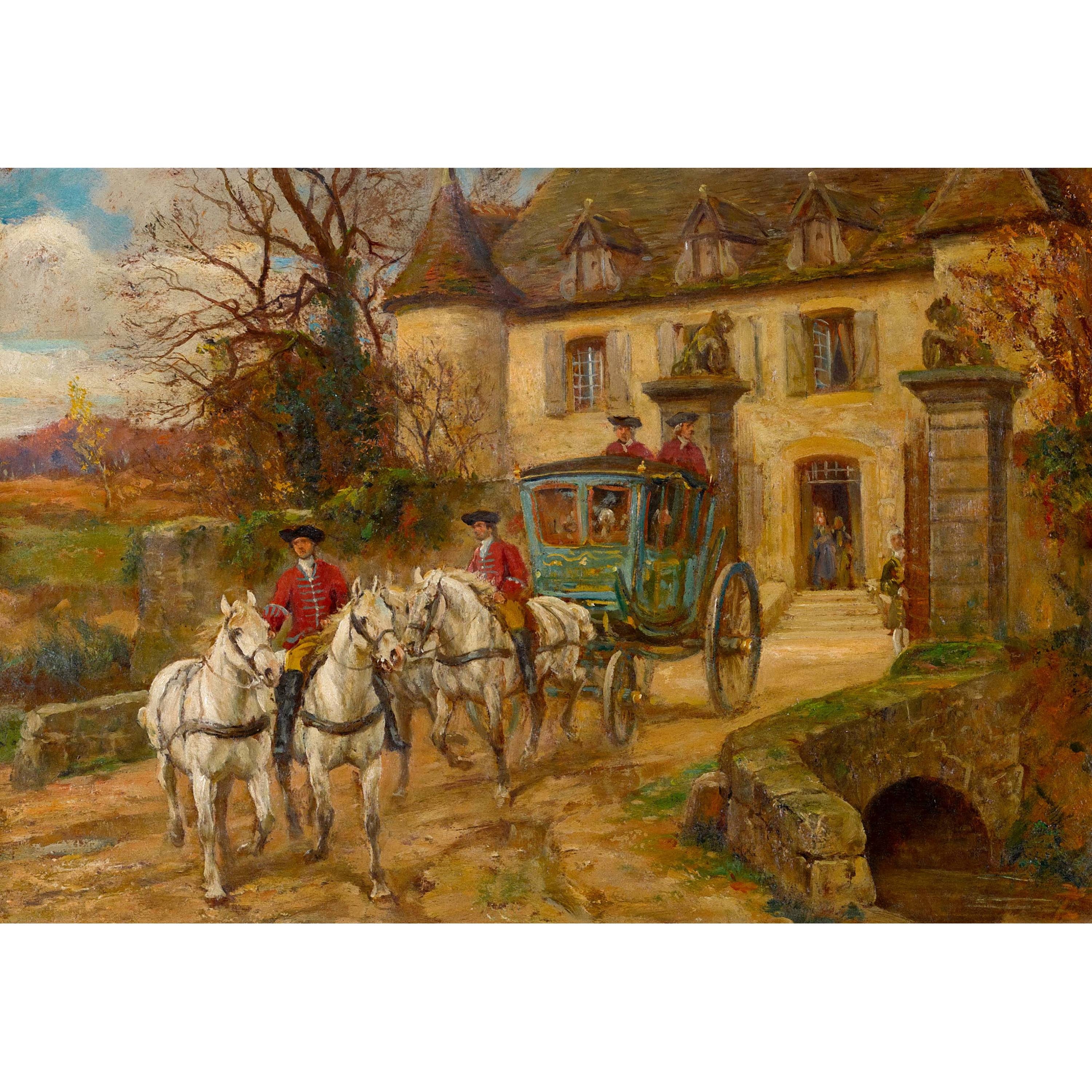 Pferdekutsche vor herrschaftlichem Anwesen. by Raymond Desvarreux