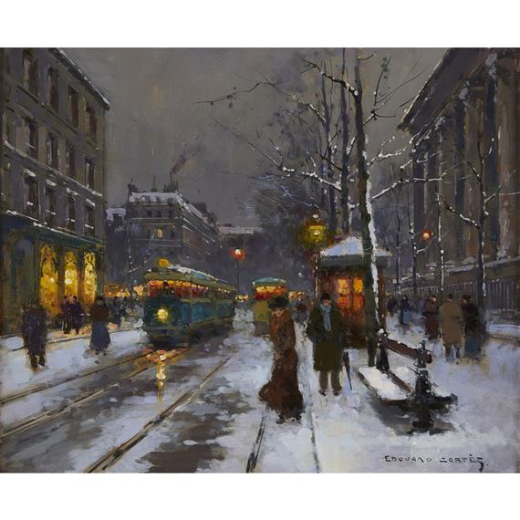 BOULEVARD DE LA MADELEINE, SOIR DE NEIGE by Edouard Léon Cortès, circa 1955
