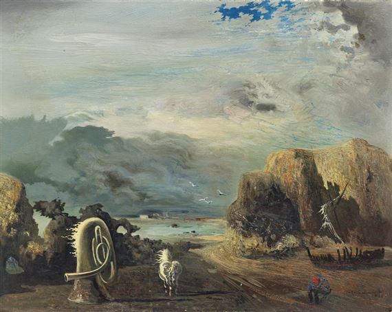 A painting of a landscape with a boat in the distance.