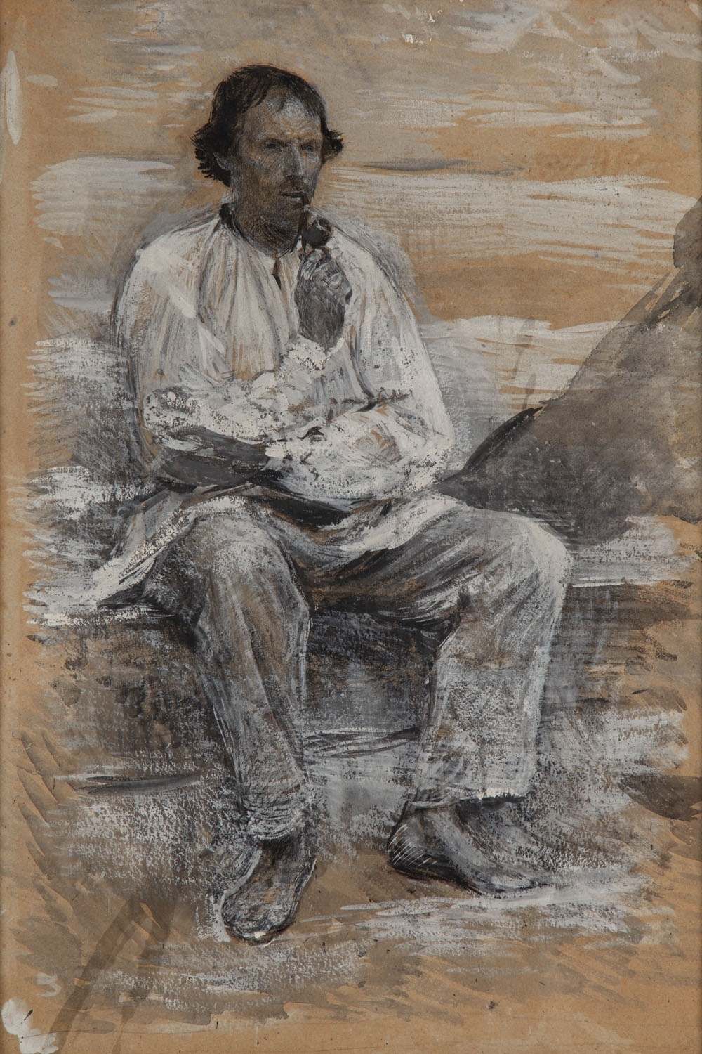 Artwork by Aleksander Gierymski, Sketch of peasant for painting "Trumna Chlopska", Made of gouache, ink, crayon/cardboard