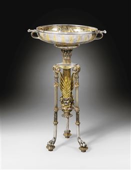 A French parcel-gilt, silver-plated bronze and copper patera à la Minerve pedestal table - Christofle & Co.