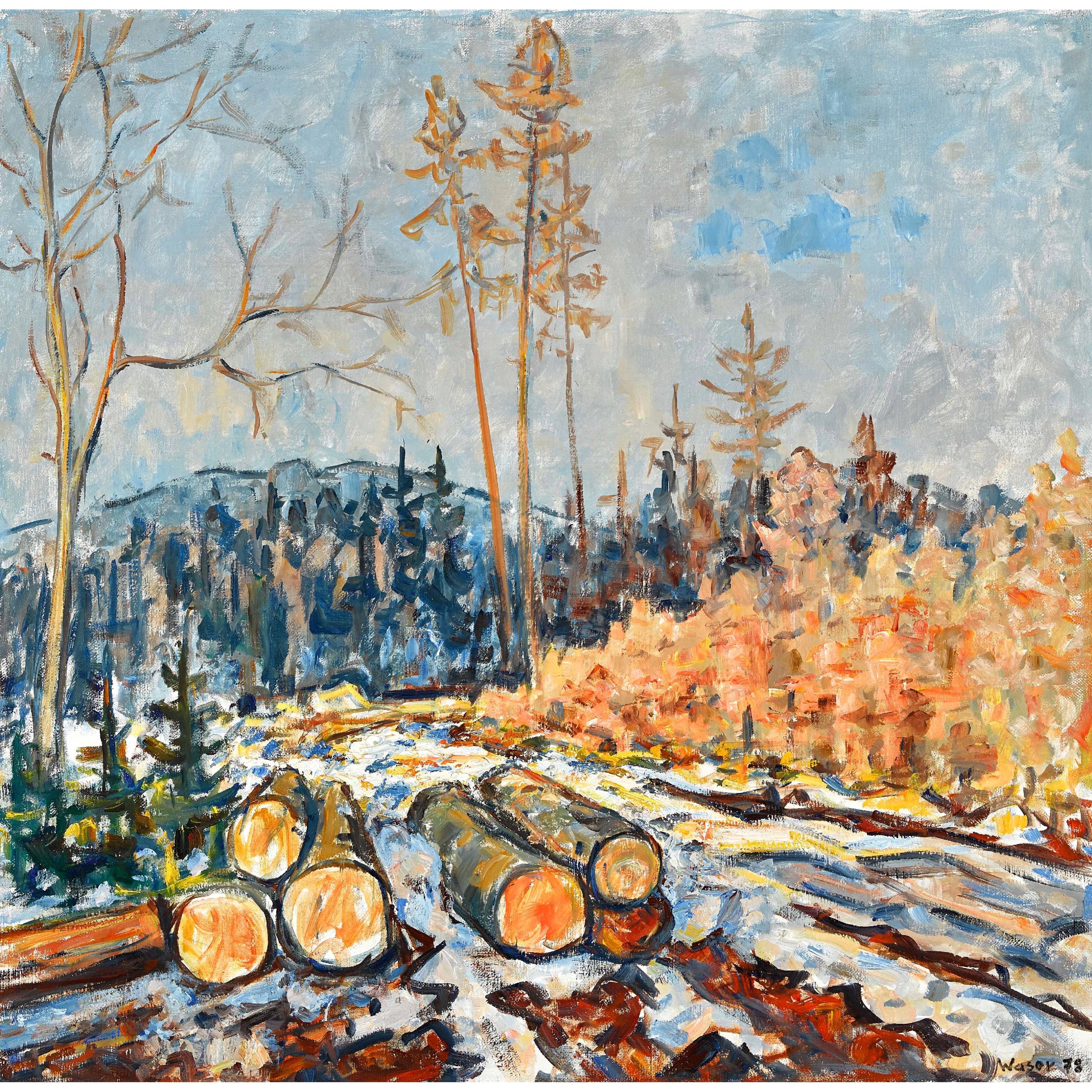 Artwork by Heini Waser, Vorfrühlingslandschaft mit Baumstämmen, Made of Oil on canvas