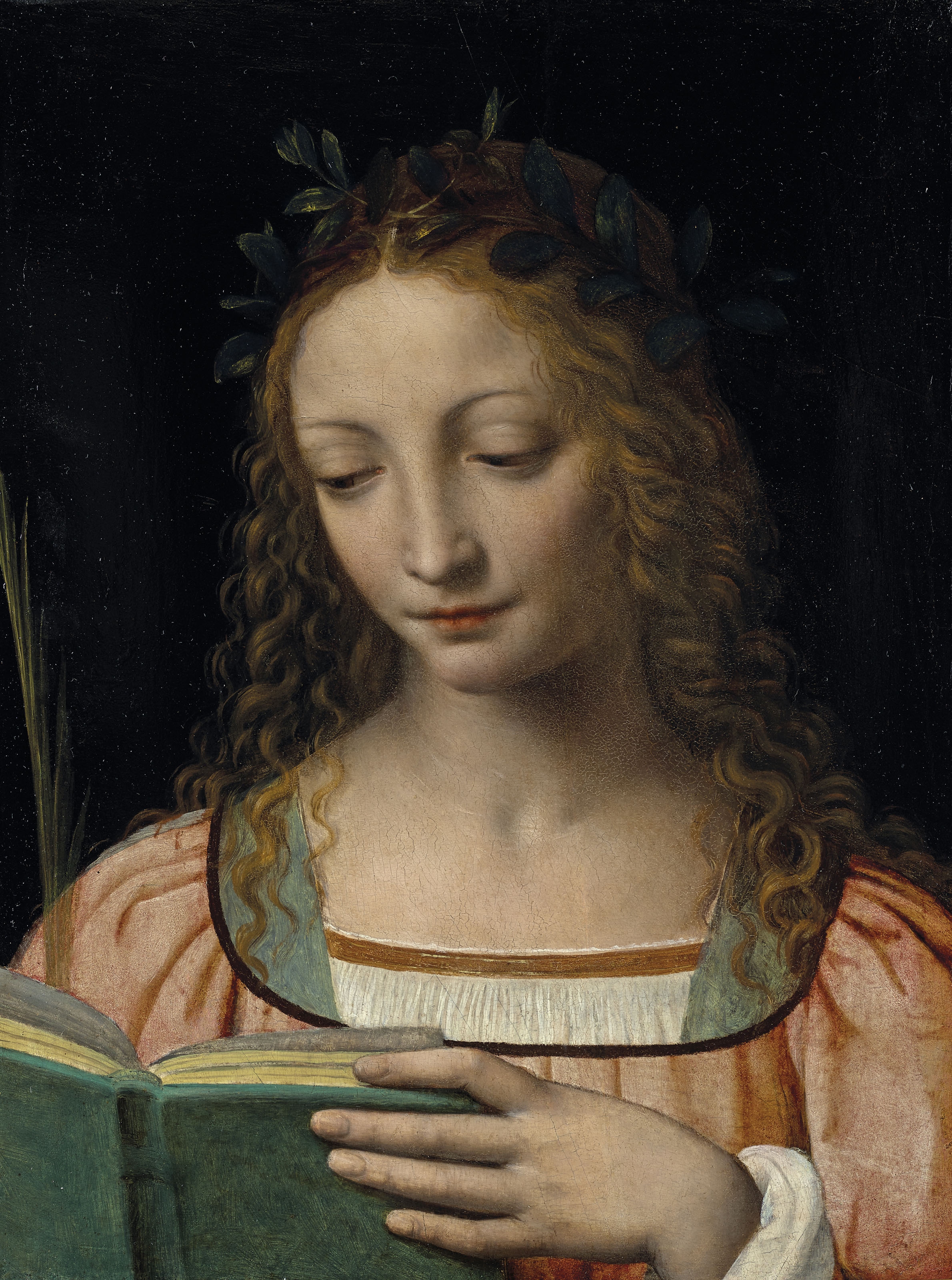 Une figure de sainte, en buste, avec une palme et lisant les Ecritures by Bernardino Luini