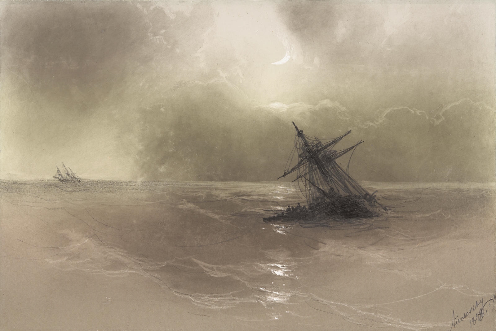 Artwork by Ivan Aivazovsky, Ship at high sea, Made of pencil, gouache and wash on paper laid on card