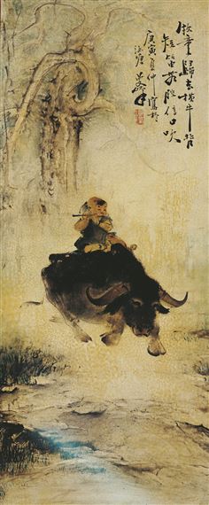 Cowherd playing a flute on a buffalo by Lee Man Fong, 1950