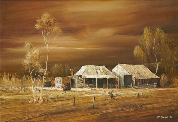 A rustic landscape painting featuring weathered wooden structures under a dramatic, warm-toned sky.
