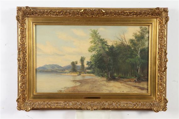 American River Landscape with Figures and Beached Rowboat by Sanford Robinson Gifford, 1871