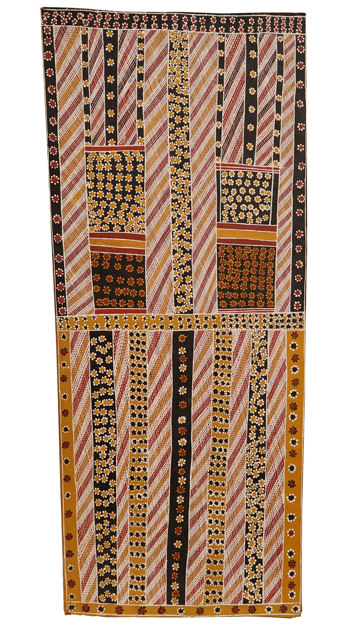 Artwork by Pamela Wurrkidj, Flying Fox, Made of natural pigments with PVC fixture on stringybark