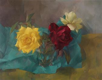 Still life of yellow and red roses in a glass - Leonard Appelbee