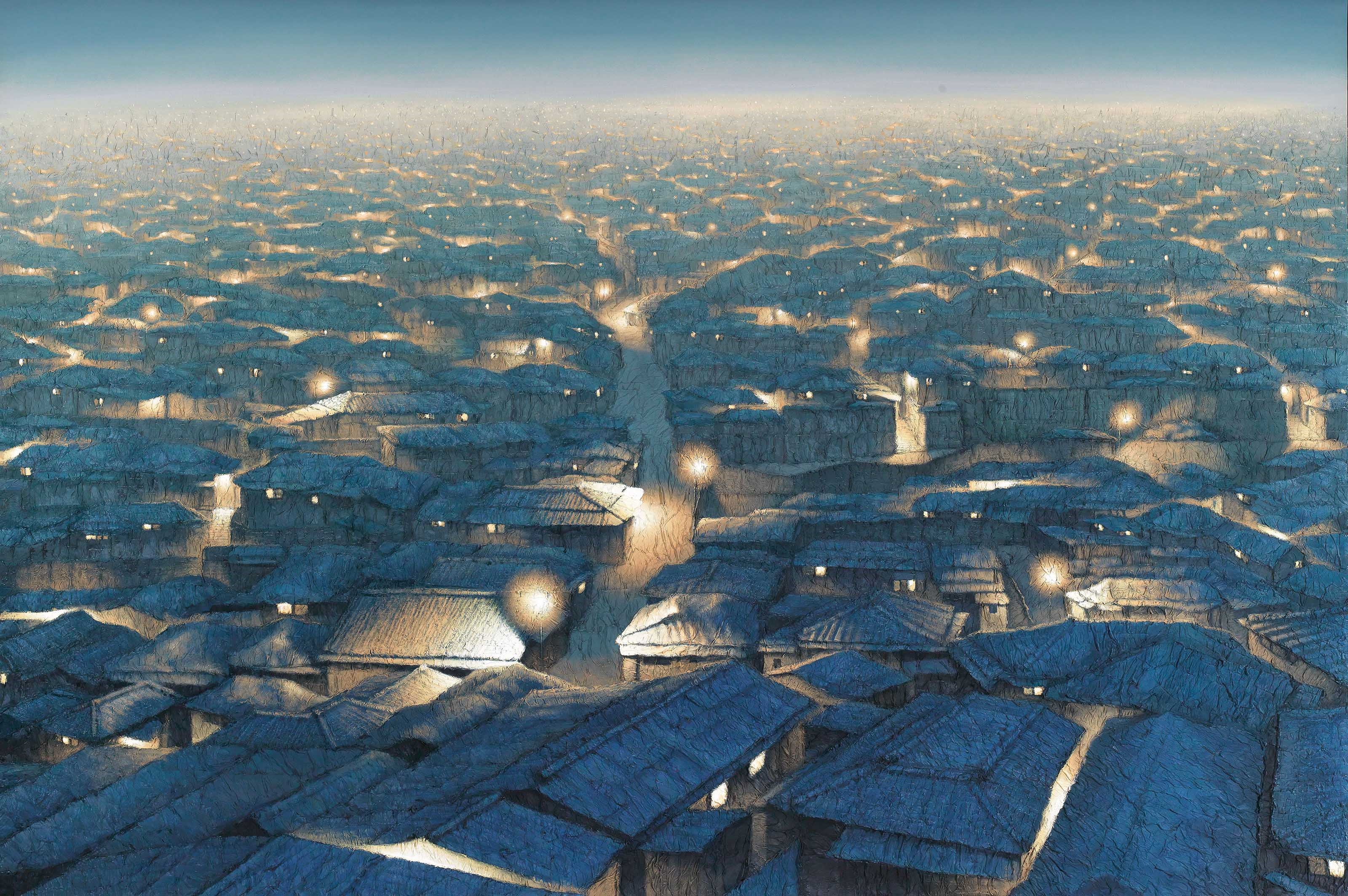 Artwork by Joung Young-Ju, Disappearing Landscape (Blue) 718, Made of acrylic on Korean paper mounted on canvas