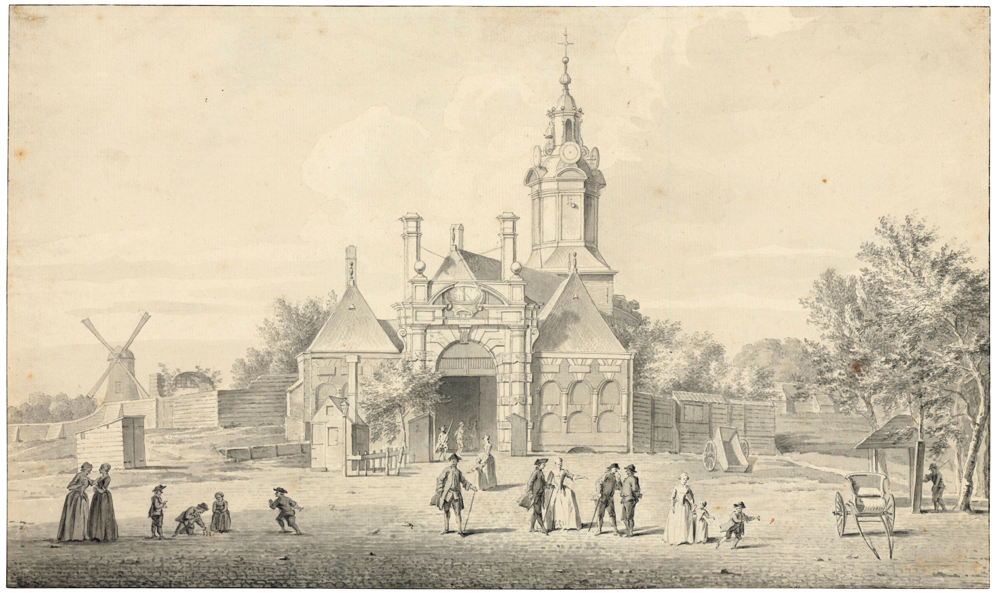 Artwork by Jan ten Compe, Jacobus Buys, View of the Haarlemmerpoort with the Haarlemmerplein, Amsterdam, Made of black chalk, pen and grey ink and grey wash