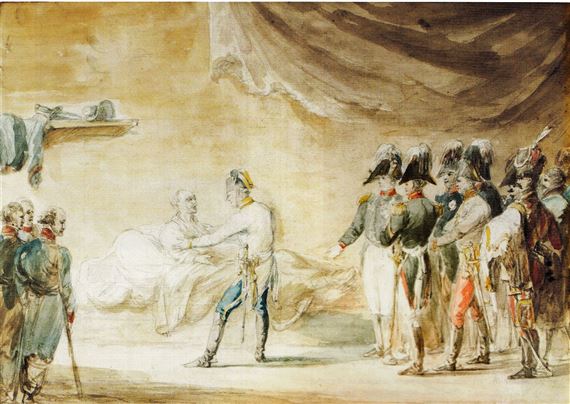 Emperor Alexander I and his retinue visit the dying marshal Mikhail Illarionovich Kutuzov in a eld by Ignace Duvivier