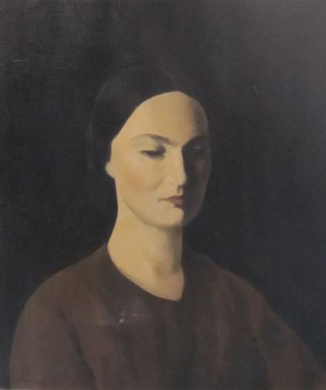 Portrait of Annie Robertson quarter-length, wearing a brown dress by Jacob Kramer