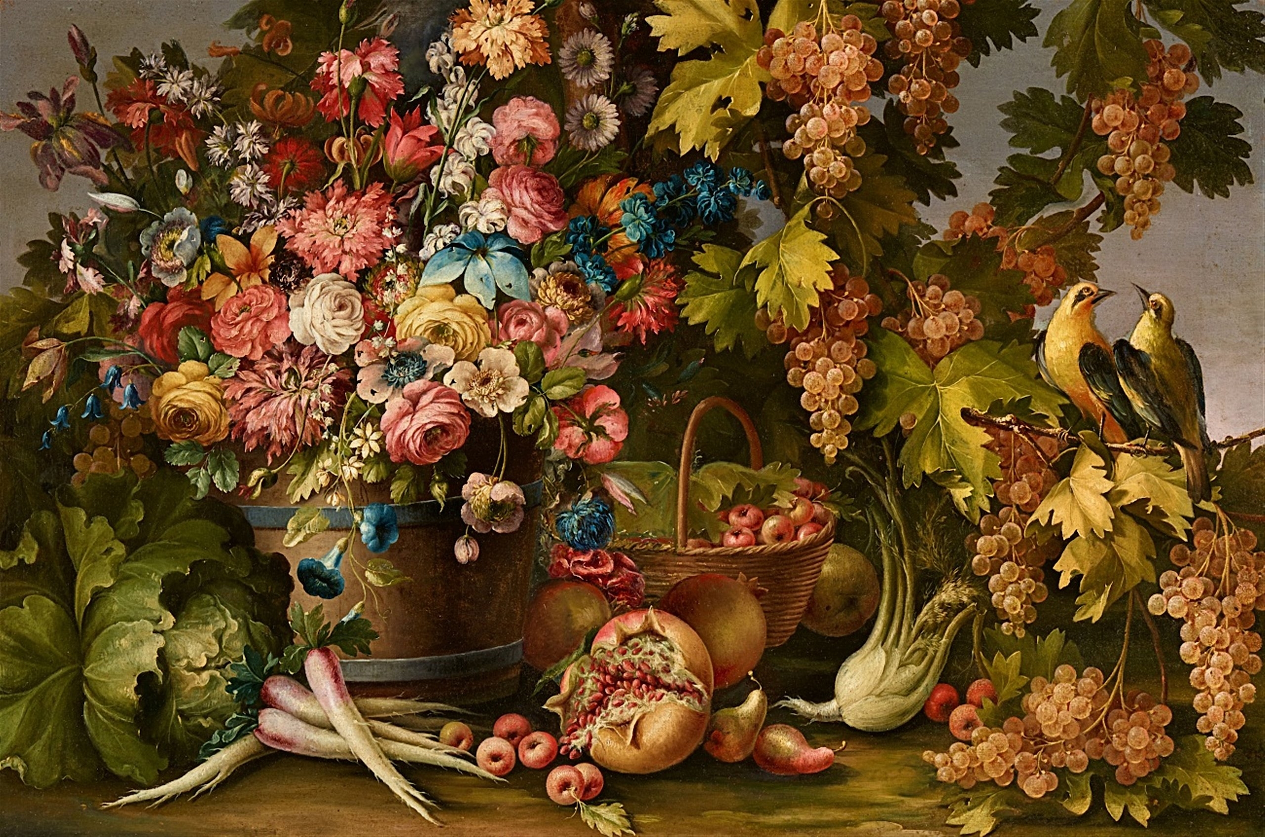 Artwork by Francesco Malagoli, Still Life with Fruit, Flowers, and two Orioles, Made of Oil on canvas (relined)