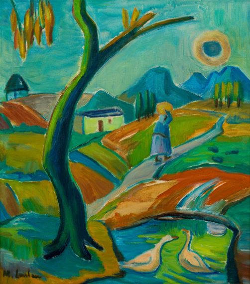 Landscape with Figure and Ducks by Maggie Laubser