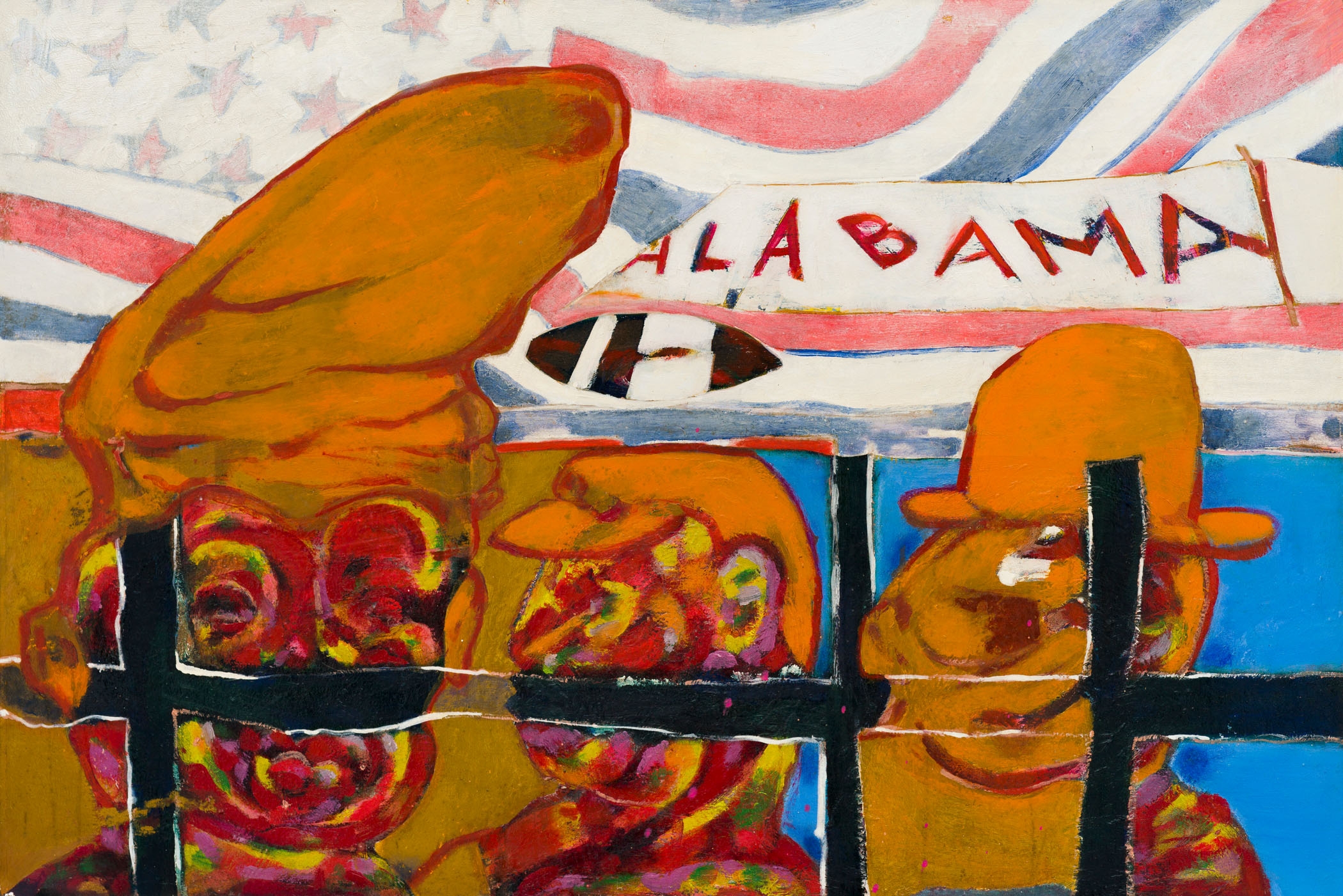 Artwork by Robert Hodgins, Ubu at the Penitentiary Ball Game, Made of Oil on board