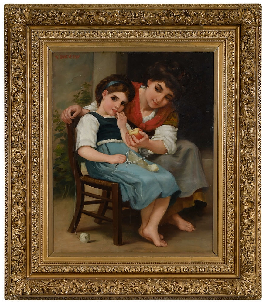 Two Young Girls with Apple and Sewing Yarn by William Adolphe Bouguereau