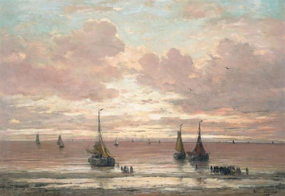 Beached fishing boats at sunset by Hendrik Willem Mesdag, 1896