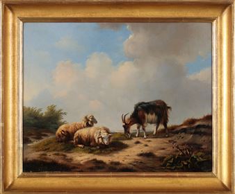 A pastoral landscape painting featuring grazing animals on a sandy hill under a cloudy sky.