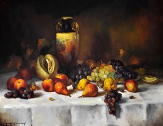 Still Life - Fruit, Melons on Draped Table - Dudley Drew
