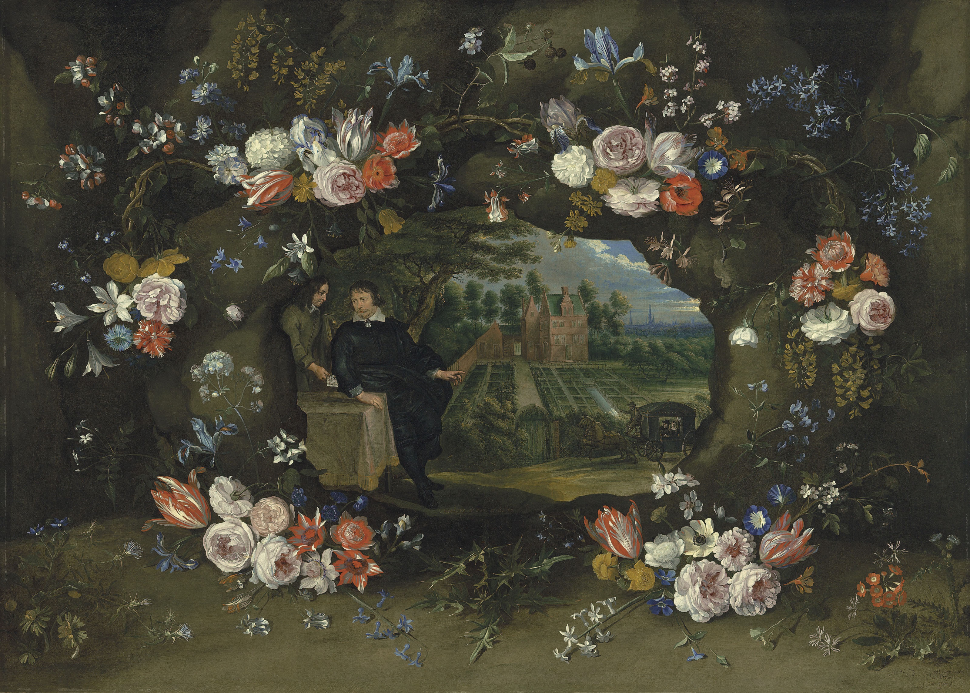 Artwork by Lucas van Uden, Jan Brueghel the Younger, Jan Thomas d’Ypres, Portrait of Nicolaas de Man in the grounds of his country estate in the neighbourhood of Antwerp, surrounded by a garland of flowers, Made of oil on canvas
