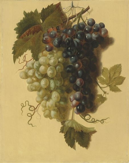 A trompe-l'oeil of a hanging bunch of grapes by Joseph-Laurent Malaine