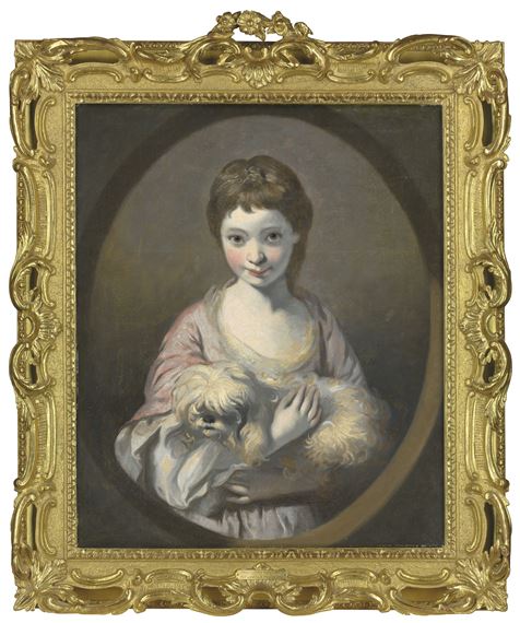 Portrait of Emilia), half-length, in a pink and white dress, holding a dog, in a painted oval Vansittart by Sir Joshua Reynolds, 1778-1791