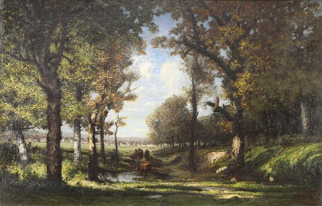 Wooded Clearing with Cattle and Stream by French School, 19th Century, 19th century