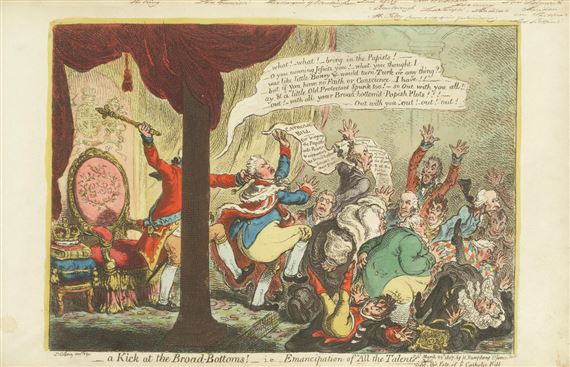 A Kick at the Broad Bottoms! by James Gillray, 1807
