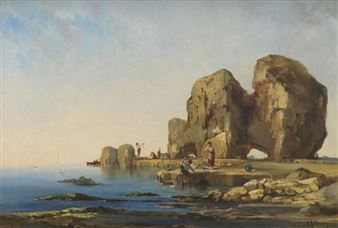 Fisherfolk on a Mediterranean coast with a rocky outcrop - Jean d'Alheim
