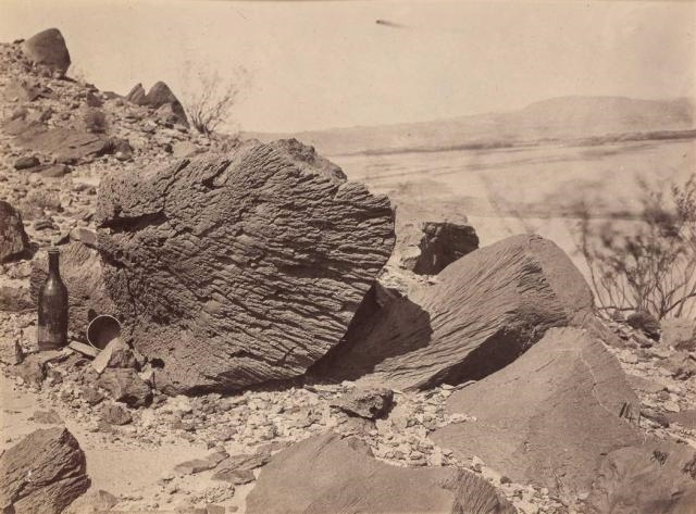 Artwork by Timothy H. O'Sullivan, below Fortification Rock, Arizona., Made of Albumen print on printed mount with the Ward Department crest