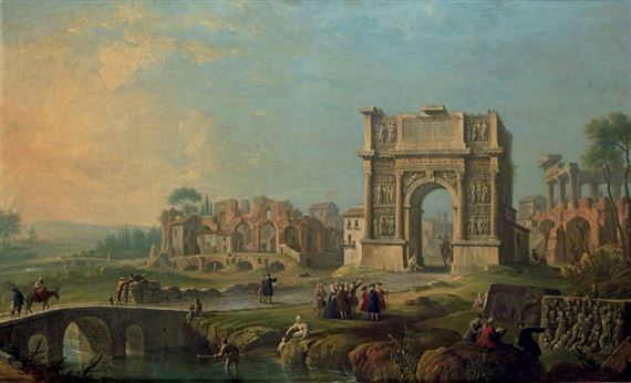 Visite dans une vue imaginaire du forum romain avec l'arc de Titus et un bas-relief antique by Antonio Joli de Dipi