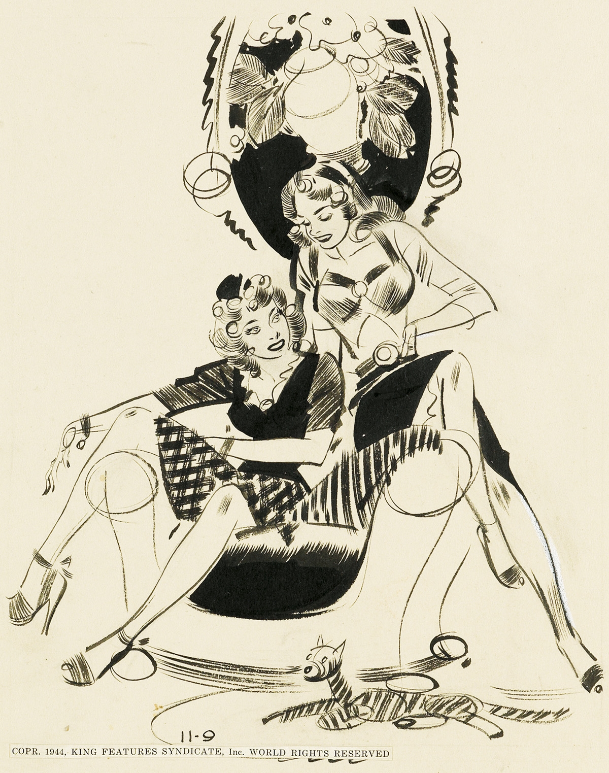 "At first I felt like a sister toward him, but when he kissed me ---! Oh, brother!" Original daily "Pin-Up Girls" cartoon, published by King Features Syndicate, November 11, 1944