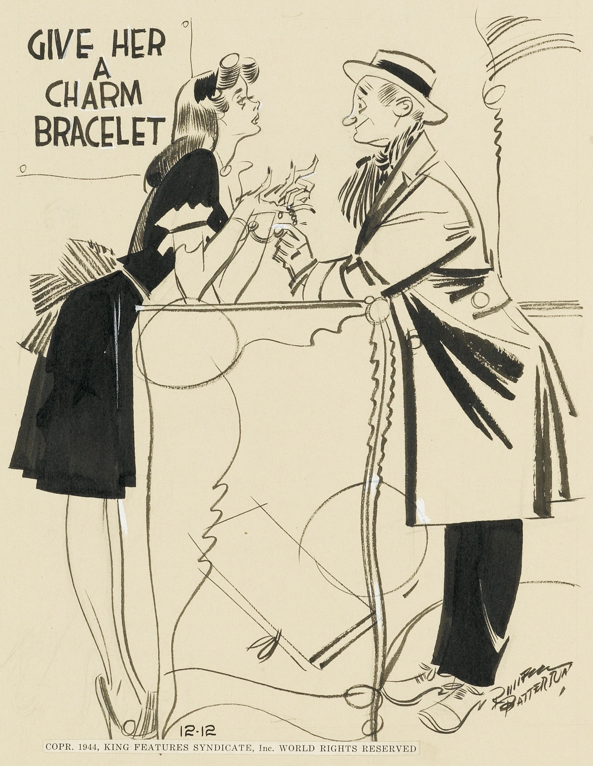 "Do you have one with little bells that'll jingle nice an' loud? It's for my girl-friend's kid sister." Original daily "Pin-Up Girls" cartoon, published by King Features Syndicate, December 12, 1944
