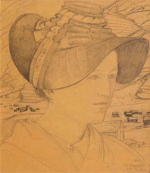 Portrait of a woman, with Les Haudères in the background by Ernest Biéler
