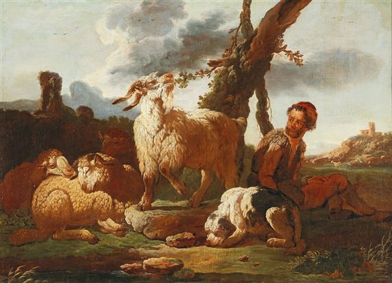A shepherd and his flock in a landscape, by Johan Heinrich Roos