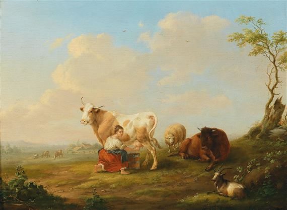 A landscape with a young woman milking a cow, by Johann Georg Pforr, 1780