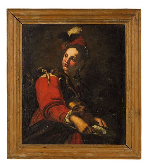 A classical portrait of a woman in red holding a small animal, framed in wood.