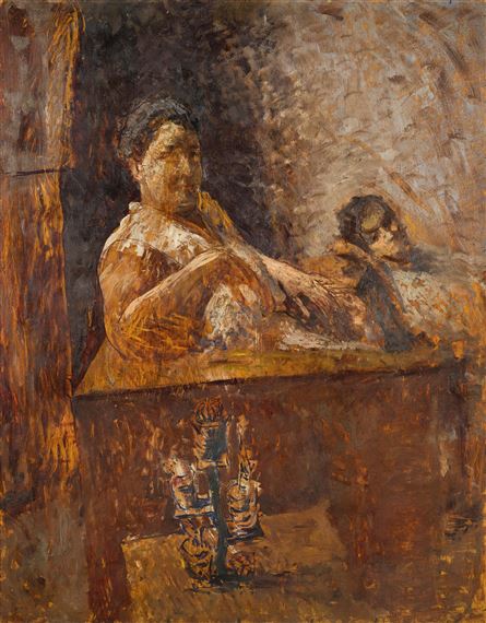 Interno di famiglia, nel retro figura femminile by Paolo Ghiglia, 1934