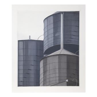 A monochromatic study of industrial silos rendered in a soft, textured medium.