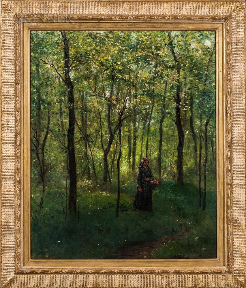 Artwork by John Worthington Mansfield, Woman in Barbizon Forest, Made of Oil on canvas on board