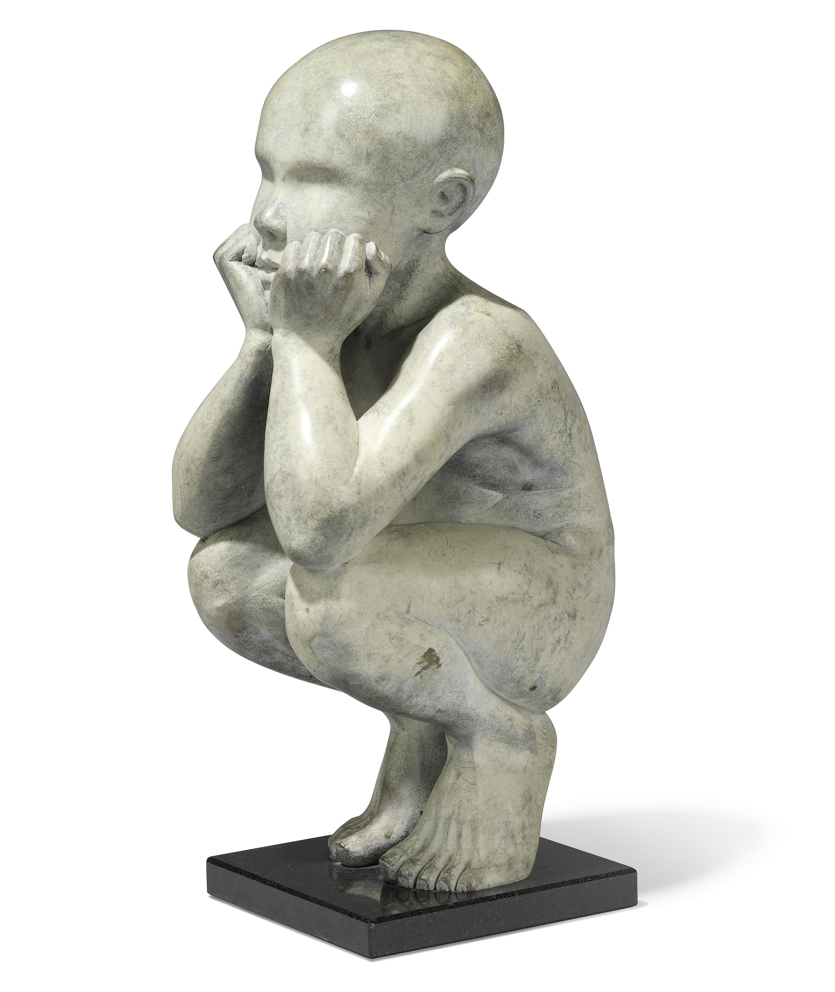 Artwork by Nicolas Lavarenne, Crouching Figure, Made of bronze with grey patina on a black marble plinth