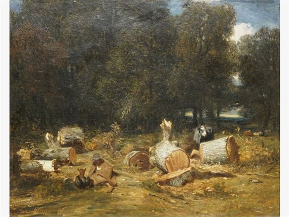 Montreur de singe dans une clairière aux souches d'arbres by Jules Dupré, 1834