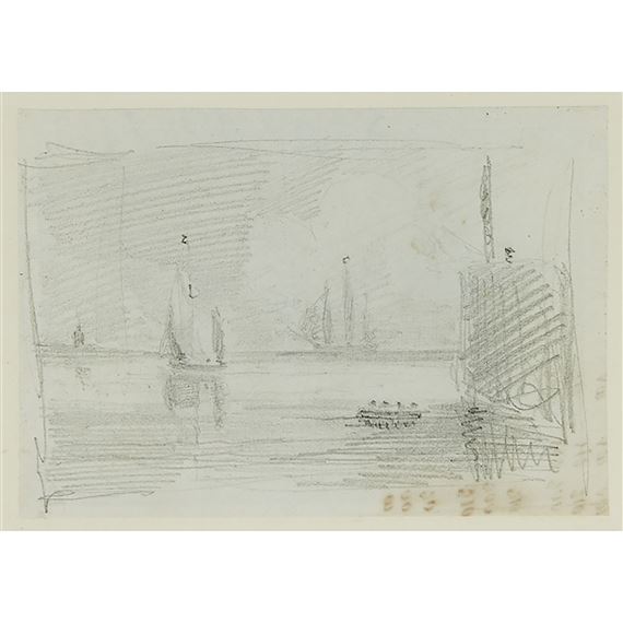 HARBOUR SCENE (SAILING BOAT, ROWBOAT AND FRIGATE BY WHARF) by John Constable, 1803