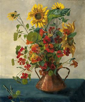 Sunflowers and Indian Cress in a Copper Vase - Andrea Gram Kleen
