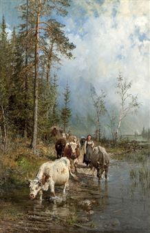 Cows by a Wading Place - Anders Askevold