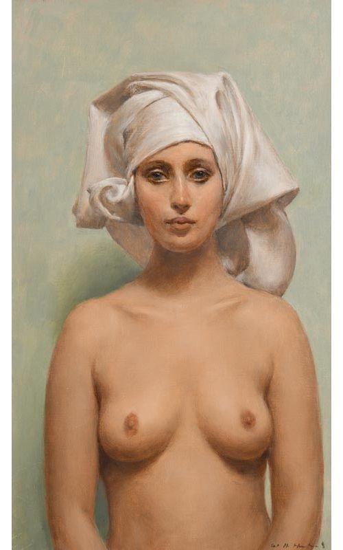 Artwork by Harry Holland, White Head Scarf, Made of oil on board