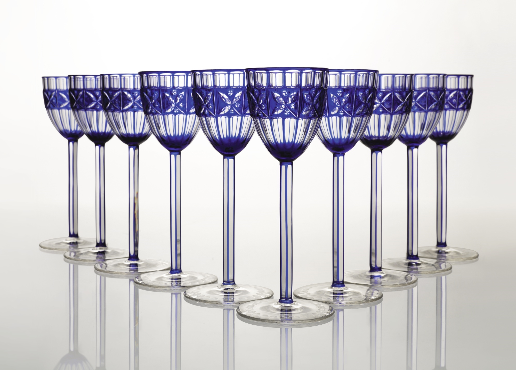Artwork by Otto Prutscher, SET OF TEN WINE GLASSES, Made of flashed glass