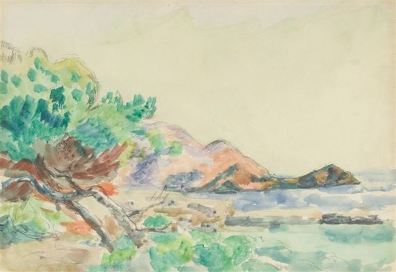 A watercolor seascape featuring a foreground tree, distant hills, and a calm sea under a pale sky.